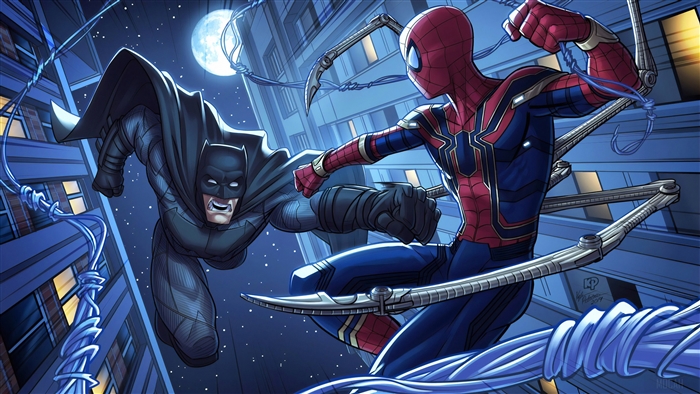 Batman and Spider-Man fighting on rooftops 4K