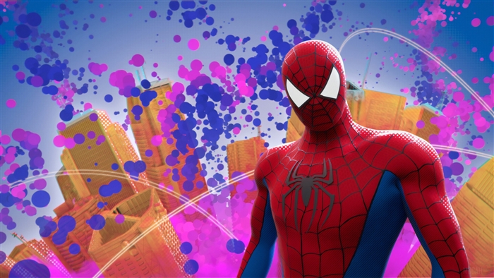 Spider-Man in a colorful city
