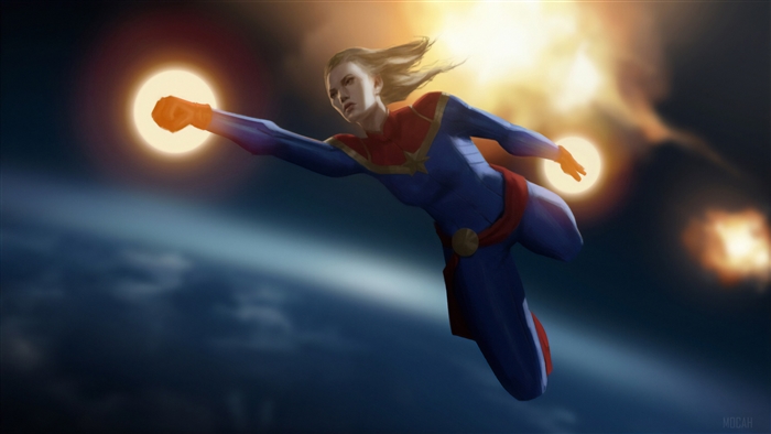 Captain Marvel flying with explosions in the background