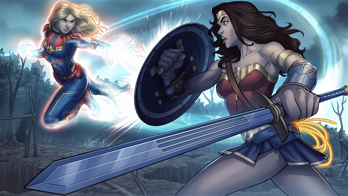 Wonder Woman and Captain Marvel fighting