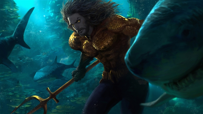 Aquaman with trident and sharks 4K
