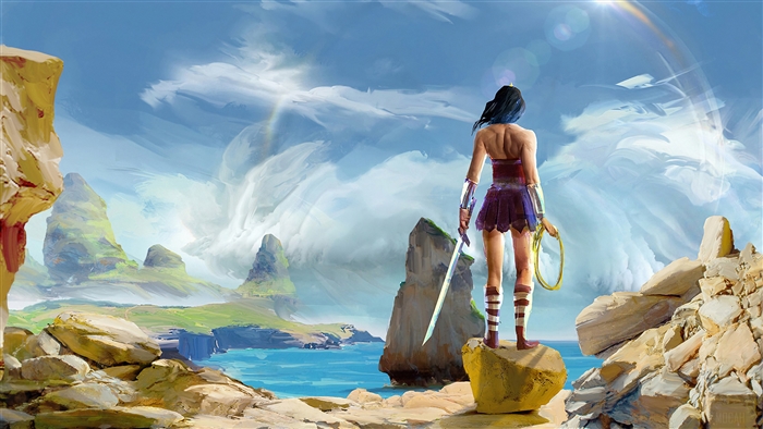 Wonder Woman standing on a rock overlooking the sea