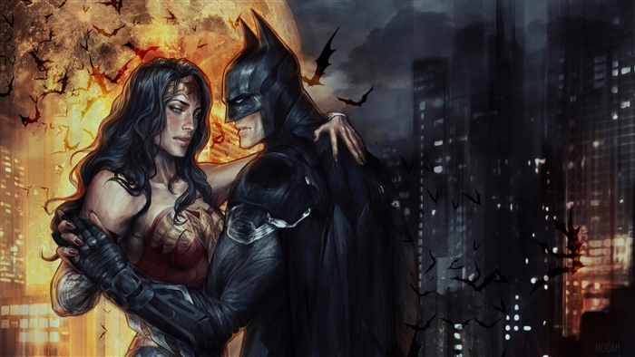 Batman and Wonder Woman dancing with bats and city background 4K