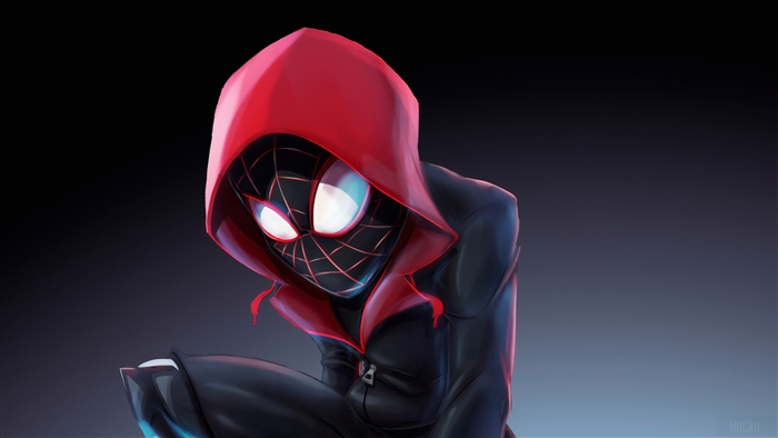 Miles Morales Spider-Man in a red hoodie 4K