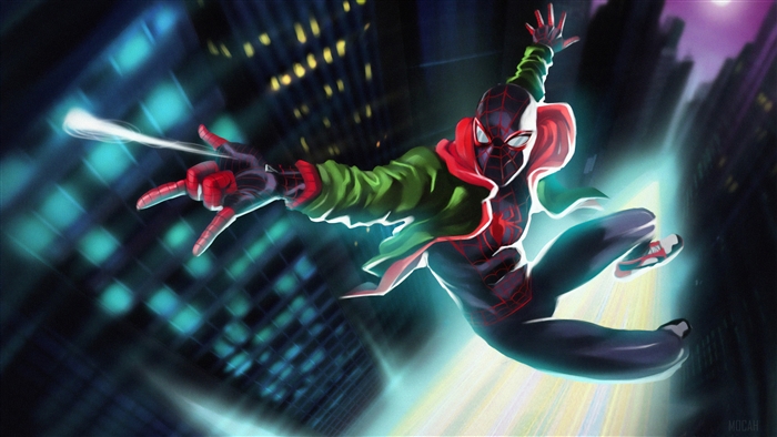 Spider-Man Miles Morales swinging through city 4K