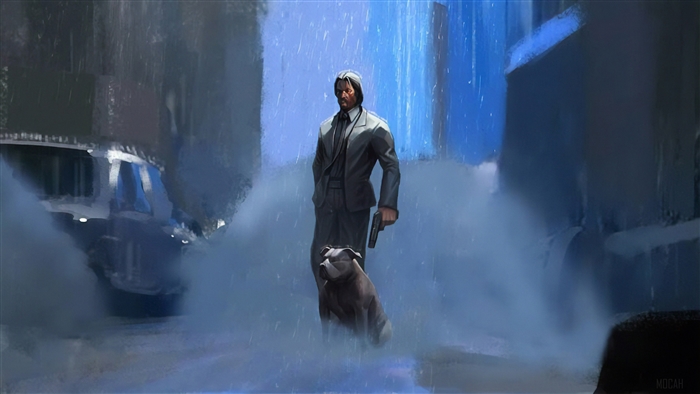 John Wick and his dog in the rain