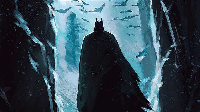 Batman in a dark forest with bats