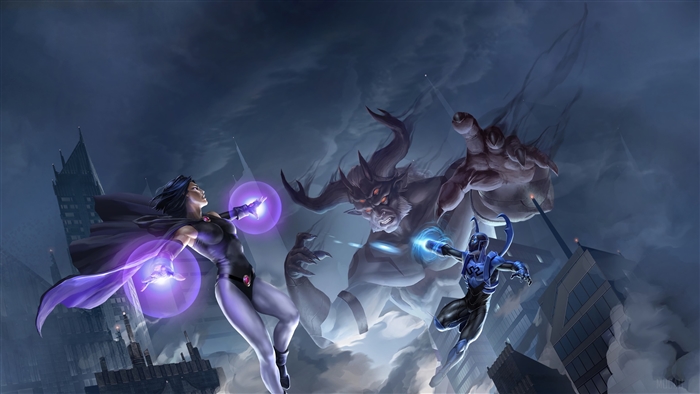 Raven and Blue Beetle fight a demon in Justice League Vs Teen Titans 4K