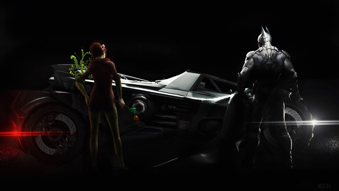 Batman and Poison Ivy with Batmobile 4K