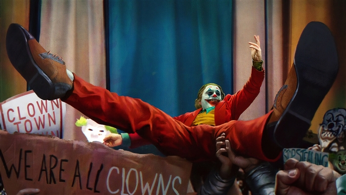 Joker from Batman holding up a clown mask
