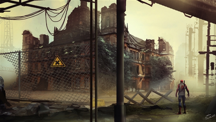 Spider-Man in a ruined city