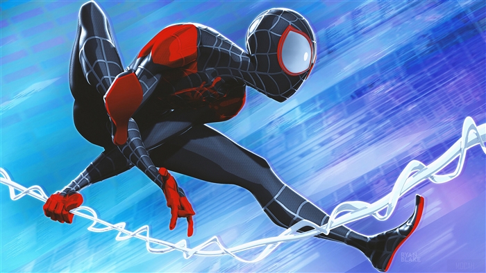 Miles Morales from Spider-Verse jumping with webs