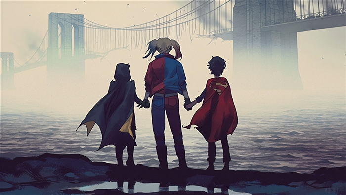 Harley Quinn, Batgirl, and Superboy by the bridge
