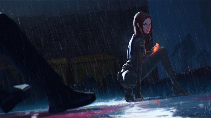 Black Widow in the Rain 4K