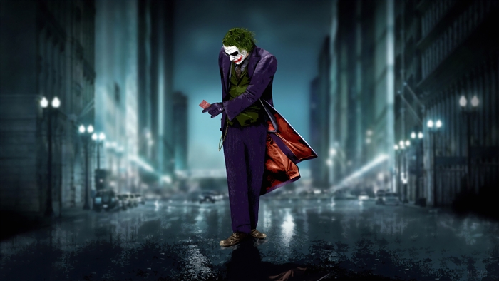 Heath Ledger Joker holding a card in a city