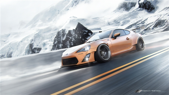 Orange sports car on a snowy mountain road 4K