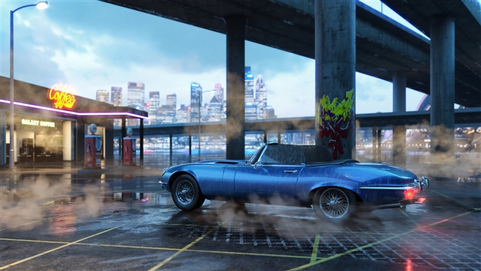 Blue Vintage Car at Galaxy Coffee 4K