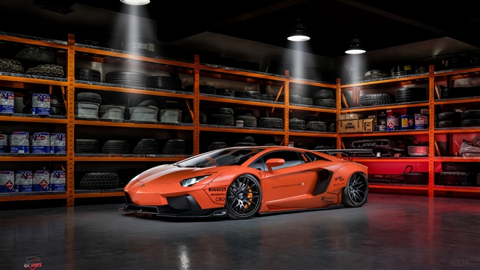Orange Lamborghini Aventador in a garage