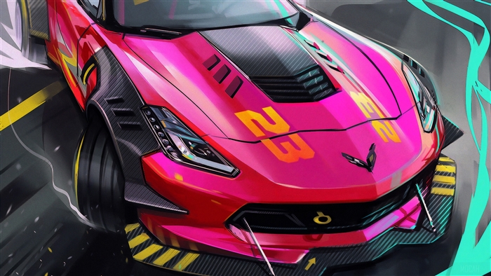 Pink Corvette C7 Z06 with number 23 drifting