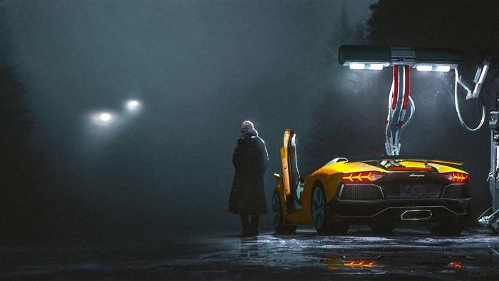 Man and yellow Lamborghini at a refill point 4K
