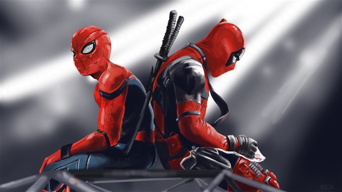 Spider-Man and Deadpool sitting back to back