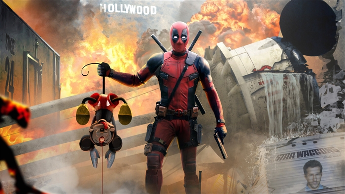 Deadpool holding a dead Mickey Mouse with Hollywood sign and explosion in background 4K