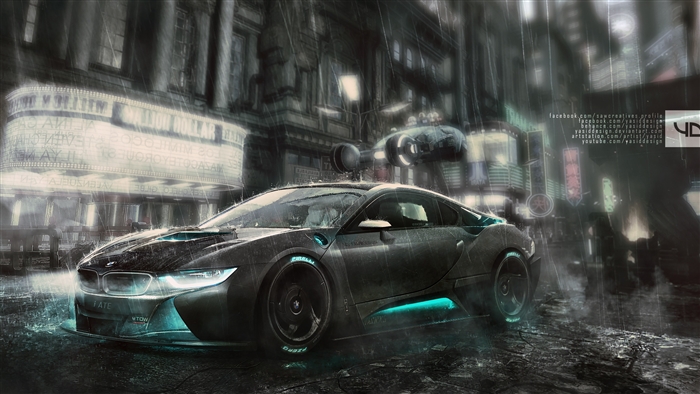 BMW i8 in a rainy cyberpunk city 4K