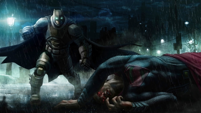 Batman in armored suit fighting Superman in the rain