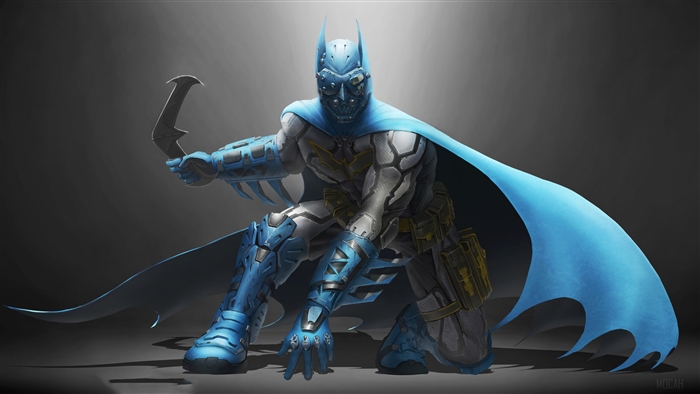 Batman in blue and grey suit with a Batarang