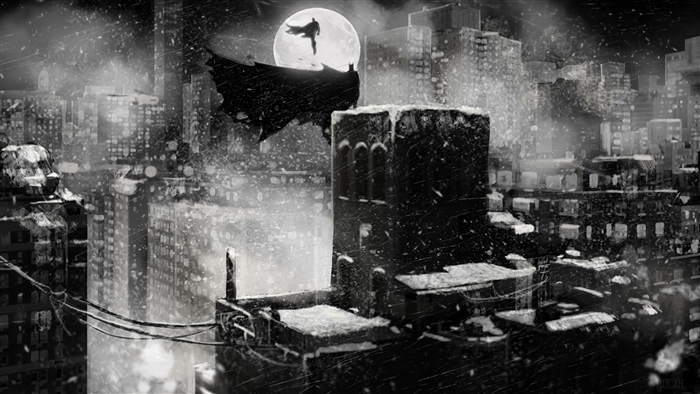 Batman in a snowy city at night