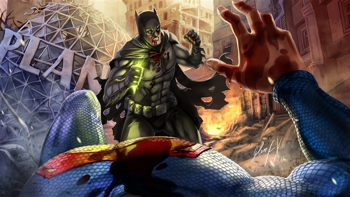 Batman fighting Superman in destroyed city 4K