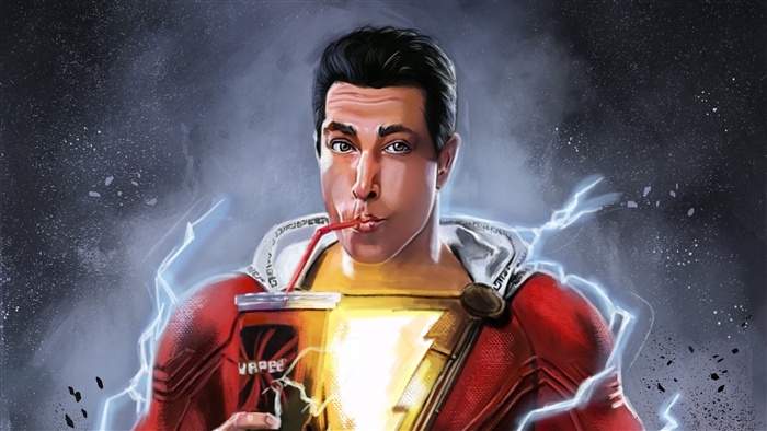 Shazam drinking from a cup with a straw