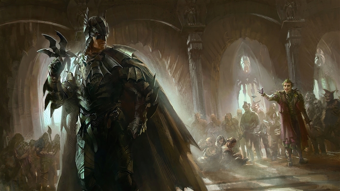 Batman and Joker in a gothic hall