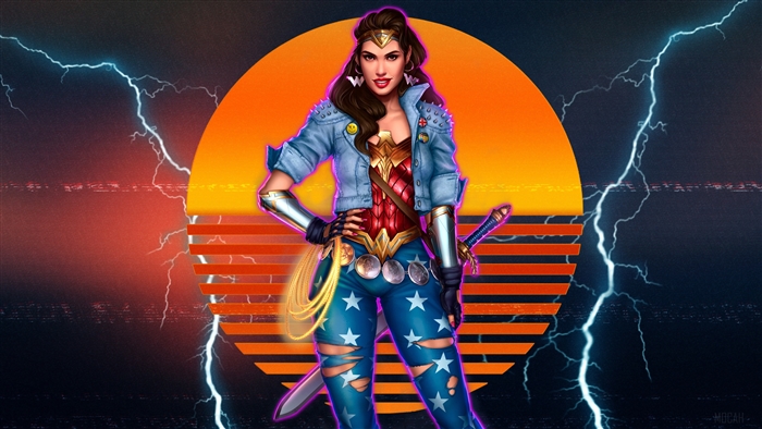 Wonder Woman in 80s style with lightning and sunset