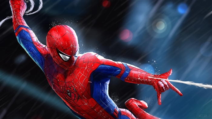 Spider-Man swinging through the rain in 4K