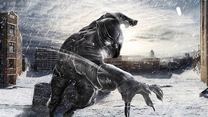 Black Panther in a snowy city 4K