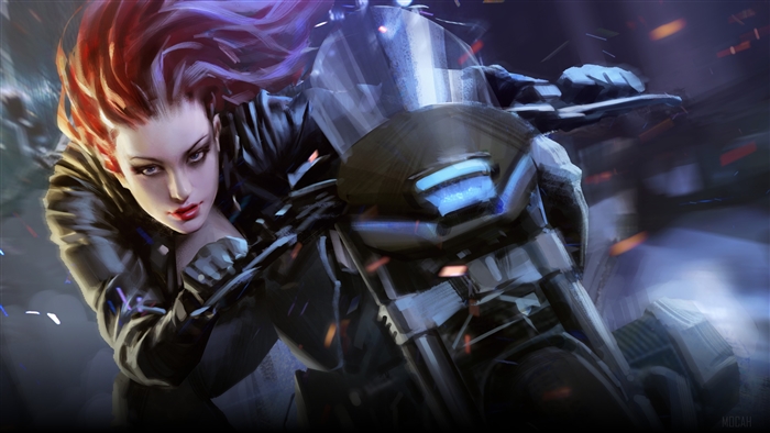 Woman riding a motorcycle in Mythgard 4K