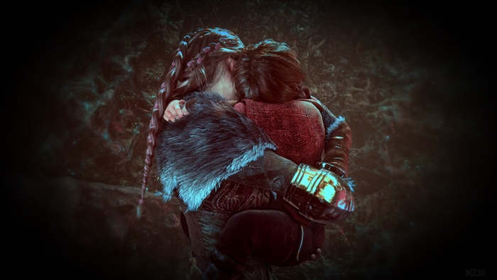 Two figures embracing in a dark, ethereal background 4K