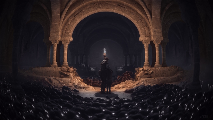 Two figures with a torch in a dark ruin 4K