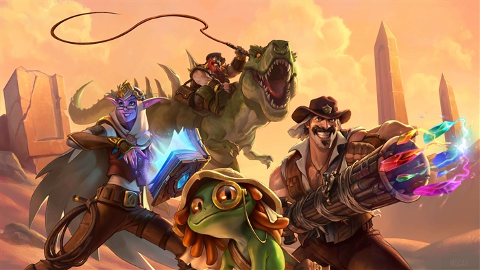 Hearthstone characters with a dinosaur and weapons 4K