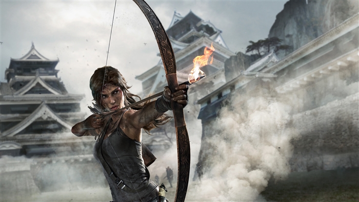 Lara Croft from Tomb Raider aiming a flaming arrow