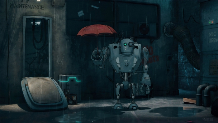 Robot with umbrella in Neo Urban Maintenance area 4K