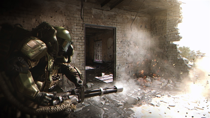 Soldier with minigun in destroyed building