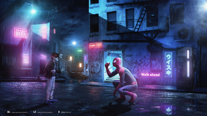 Kid in VR sees Spiderman in a rainy neon alley