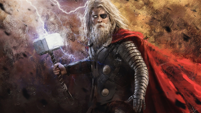 Old Thor with Mjolnir and Lightning 4K