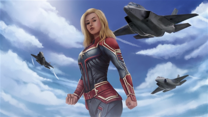 Captain Marvel and fighter jets in the sky