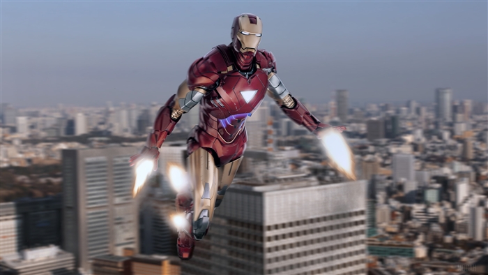 Iron Man flying over a city