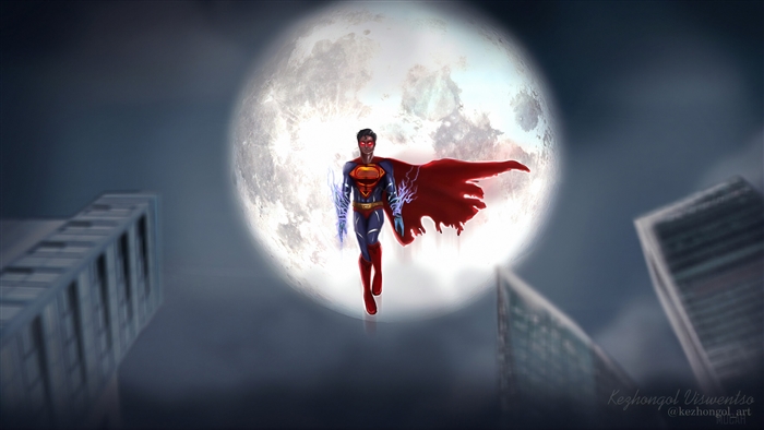 Superman flying in front of the moon