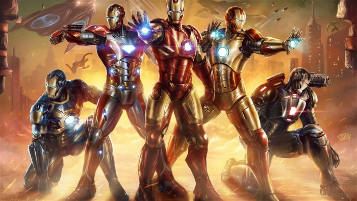 Iron Man Suits and War Machine in a Cityscape