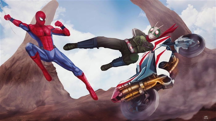 Spider-Man vs Kamen Rider on a Motorcycle 4K
